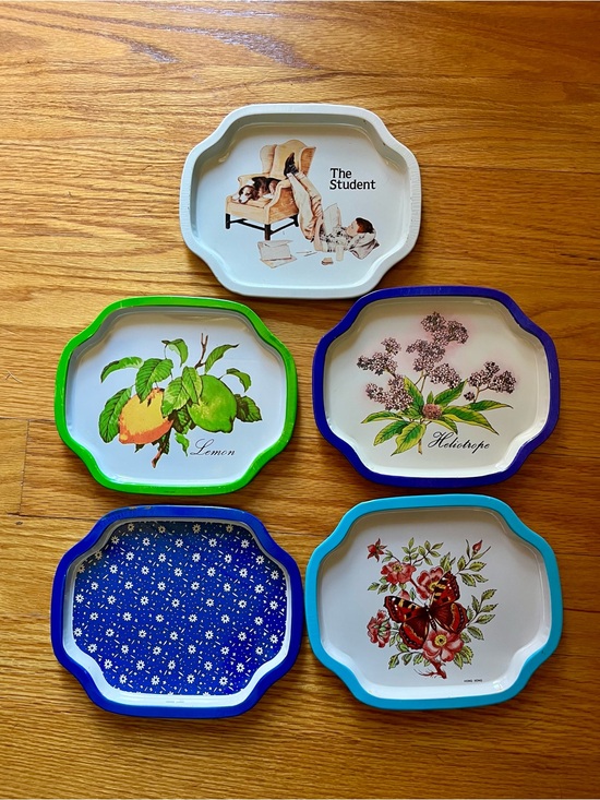 Other - Set of 5 Decorative Small Vintage Metal Serving Trays - Floral & Fruit Prints